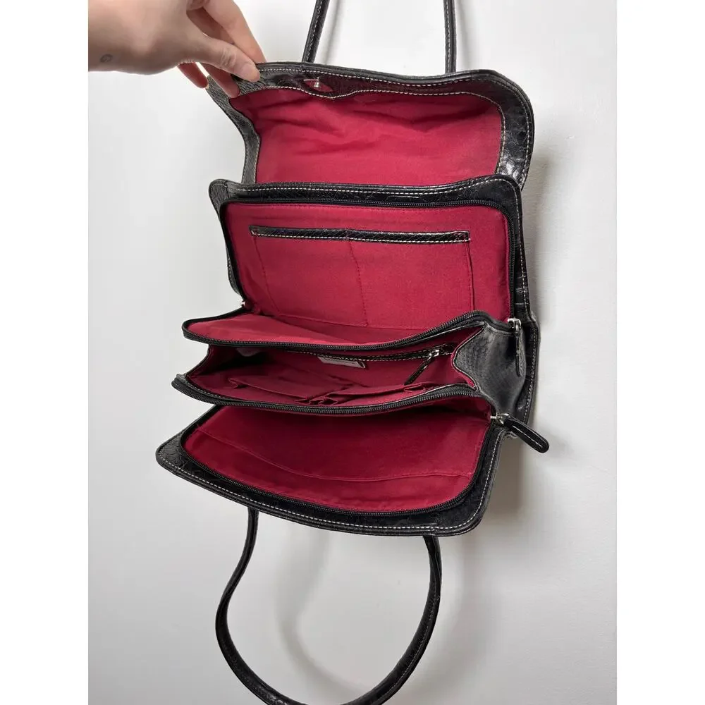 Vintage Y2K Liz Claiborne Black Leather Croc Satchel Bag Roomy Multi Pocketed - Picture 6 of 9